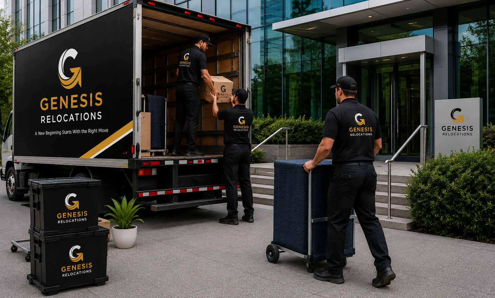 Commercial office moving and relocation team at work