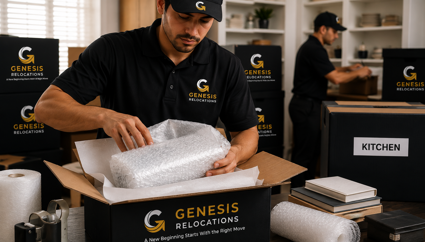 Professional movers carefully packing and wrapping furniture and fragile belongings
